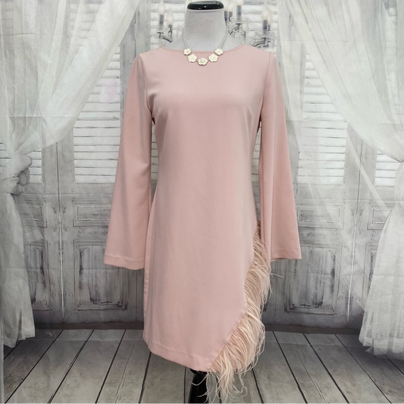 Laundry by Shelli Segal Size 6 Crepe Shift Feather Detail Solid Pink Long Sleeve - Picture 3 of 14